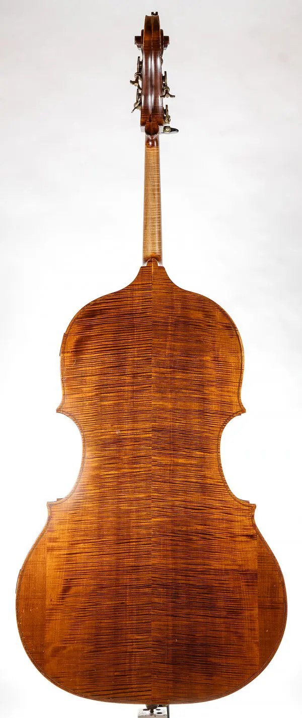 Rear view of Donald Gorman 2007 double bass, showing the beautiful maple tone wood.