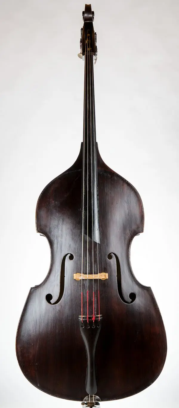 Front view of 2014 Upton Karr Model Double Bass #493 – hybrid flat back with carved spruce top