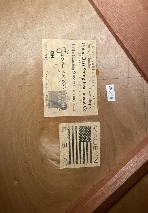 Signed interior label by Gary on Upton Karr Model #493, built in 2014