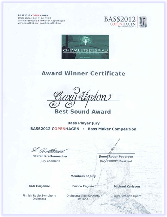First Place for Tone Award Copenhagen Bass Makers Competition